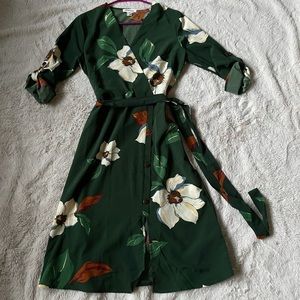 Green floral wrap button up dress tie waist